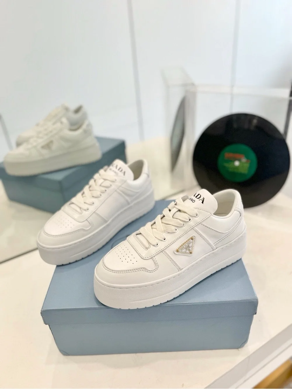White Leather Platform Lace-Up Sneakers with Gold Triangle Accent